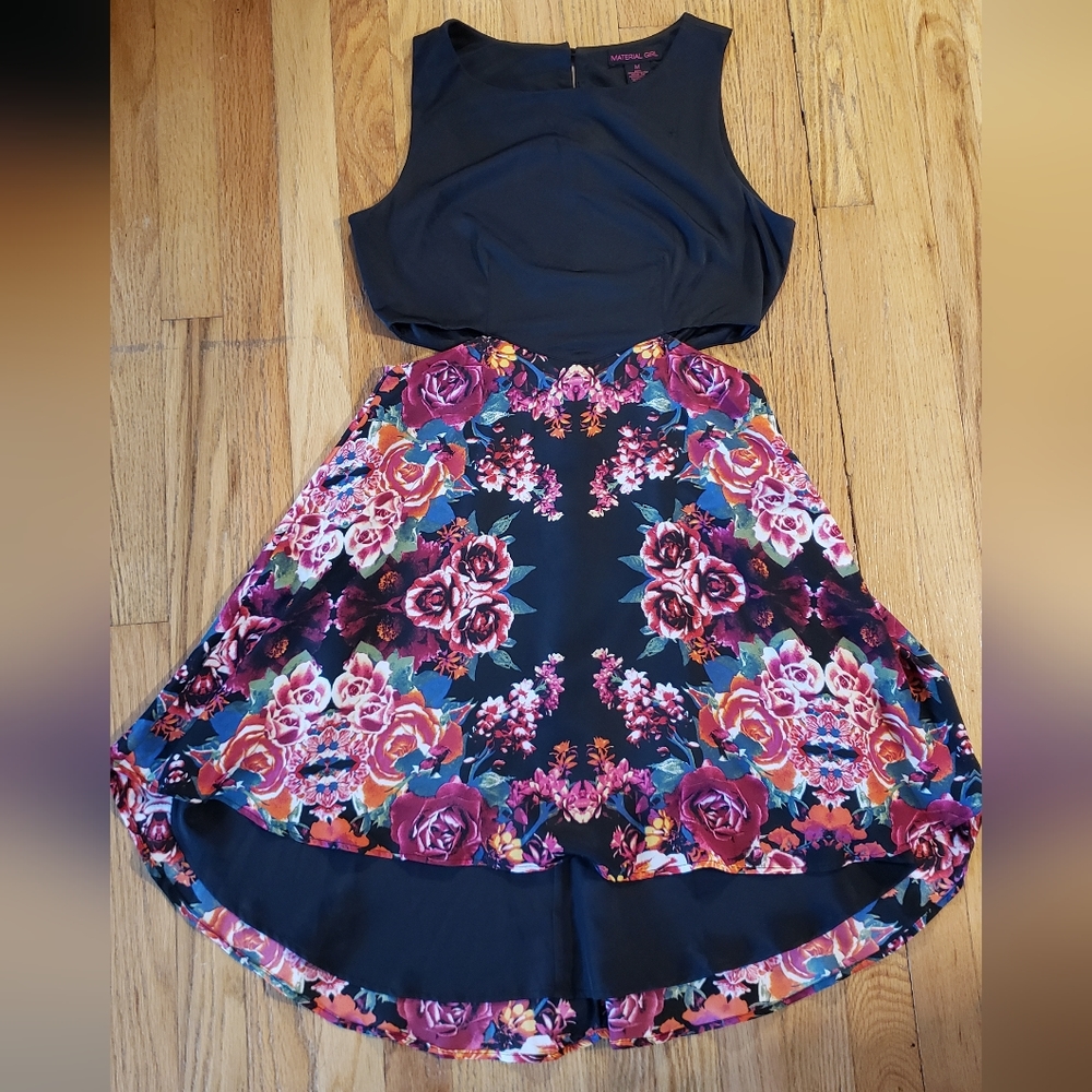 Material Girl Black & Floral High Low Cutout Dress, Size M